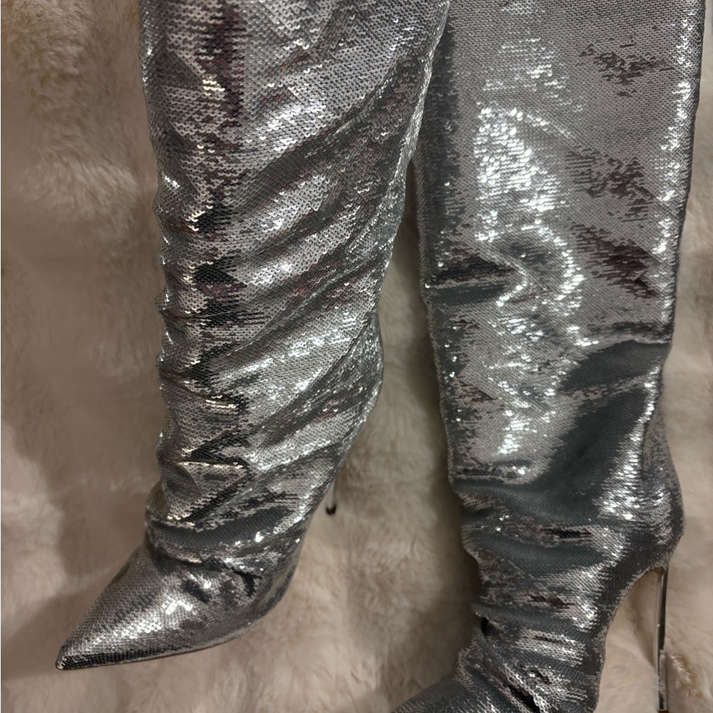 Casadei Silver Sequin Heeled Boots - Picture 4 of 6